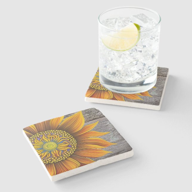 Rustic Sunny Sunflower on Barn Board Stone Coaster (Side)