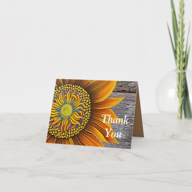 Rustic Sunny Sunflower on Barn Board Thank You Card (Front)