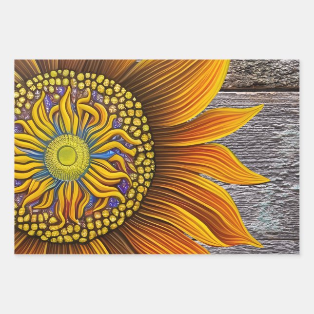 Rustic Sunny Sunflower on Barn Board Wrapping Paper Sheet (Front)