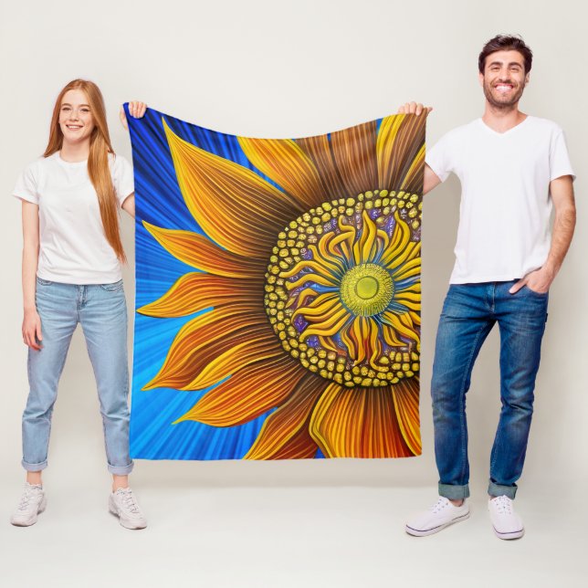 Rustic Sunny Sunflower on Blue Fleece Blanket (In Situ)