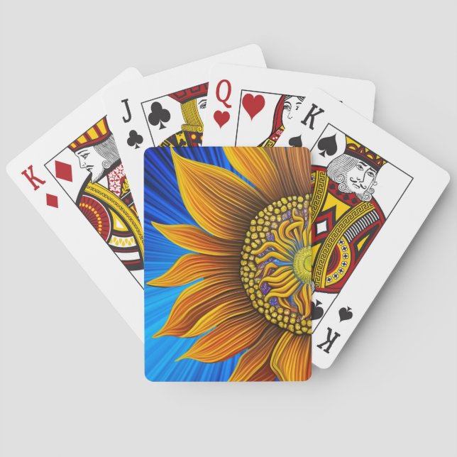 Rustic Sunny Sunflower on Blue Playing Cards (Back)