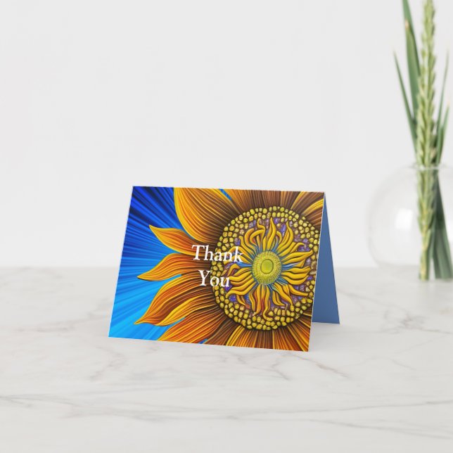 Rustic Sunny Sunflower on Blue Thank You Card (Front)