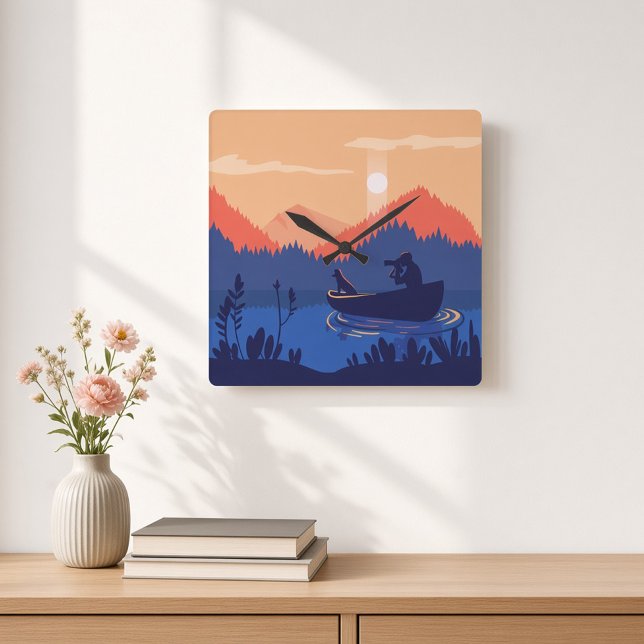 Rustic Sunset Fishing Scene Square Wall Clock (Creator Uploaded)