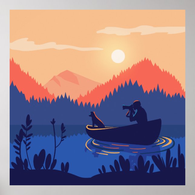 Rustic Sunset Fishing Scene Wall Art Print (Front)