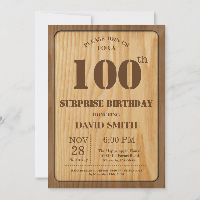Rustic Surprise 100th Birthday Invitation Wood (Front)