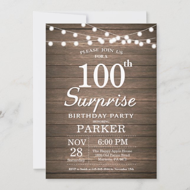 Rustic Surprise 100th Birthday Invitation Wood (Front)