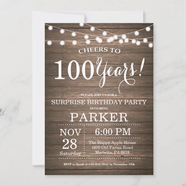 Rustic Surprise 100th Birthday Invitation Wood (Front)