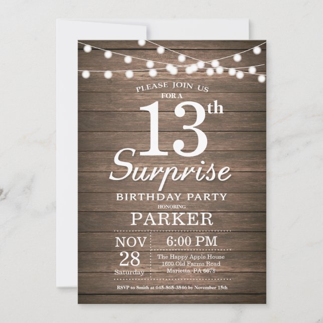 Rustic Surprise 13th Birthday Invitation Wood (Front)