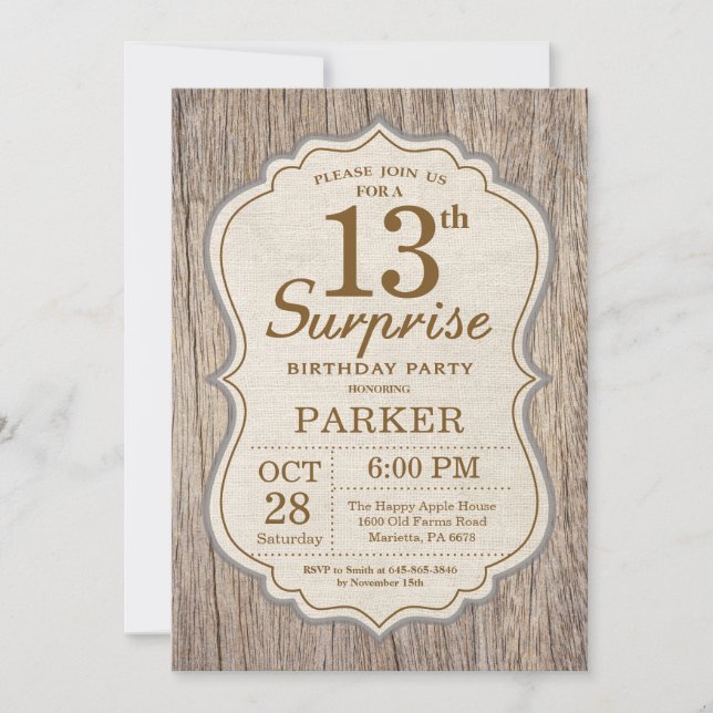 Rustic Surprise 13th Birthday Invitation Wood (Front)