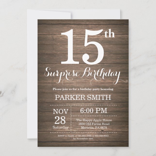 Rustic Surprise 15th Birthday Invitation (Front)