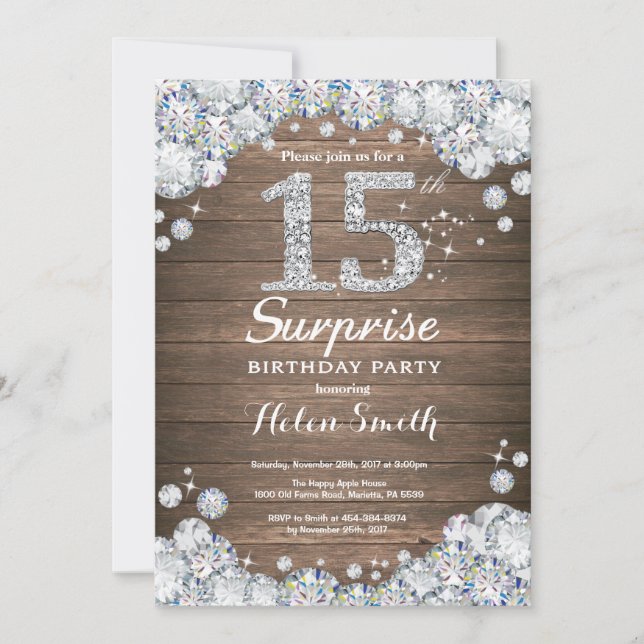 Rustic Surprise 15th Birthday Silver Diamond Invitation (Front)