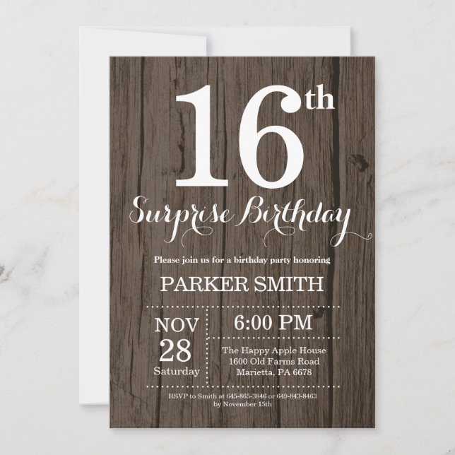 Rustic Surprise 16th Birthday Invitation (Front)