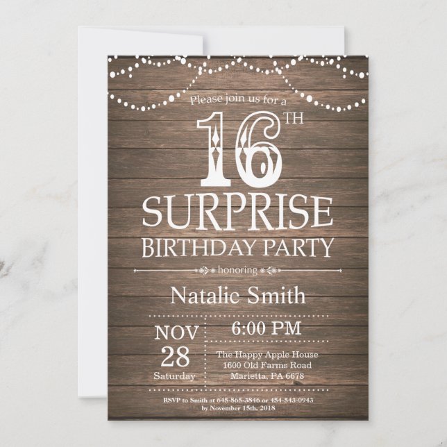 Rustic Surprise 16th Birthday Invitation (Front)