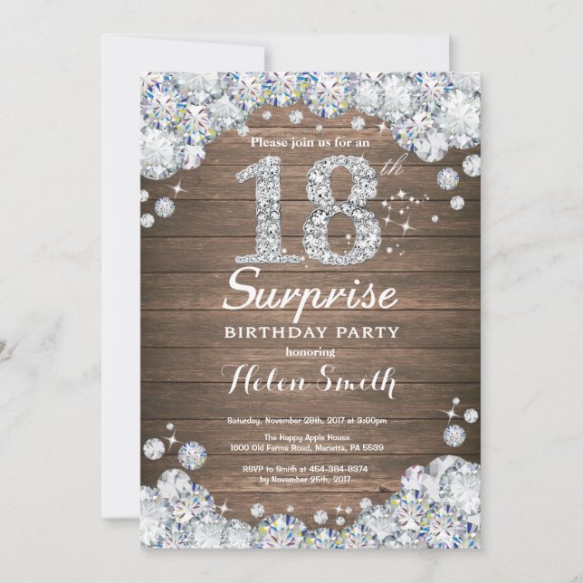 Rustic Surprise 18th Birthday Silver Diamond Invitation (Front)