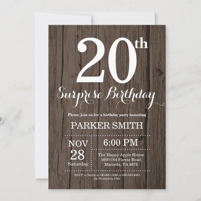 Rustic Surprise 20th Birthday Invitation (Front)
