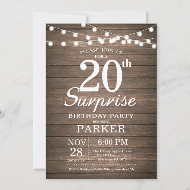 Rustic Surprise 20th Birthday Invitation Wood (Front)