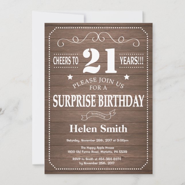 Rustic Surprise 21st Birthday Invitation (Front)