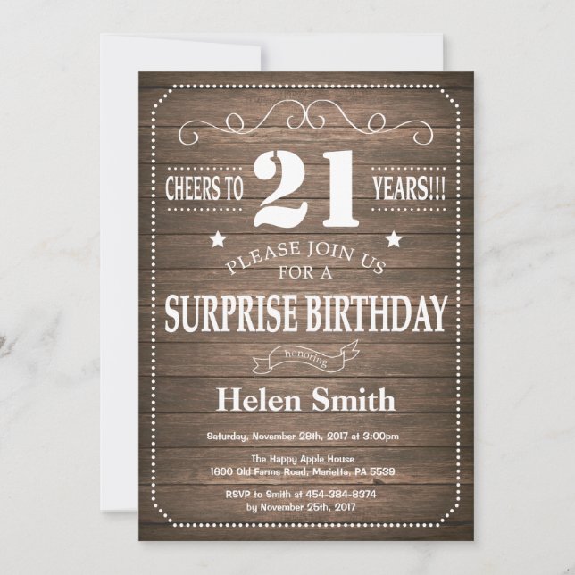Rustic Surprise 21st Birthday Invitation (Front)