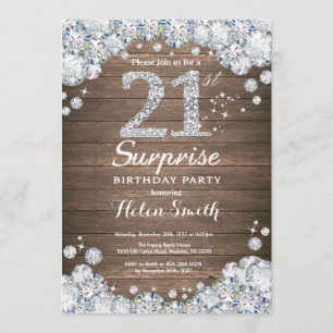 Rustic Surprise 21st Birthday Silver Diamond Invitation