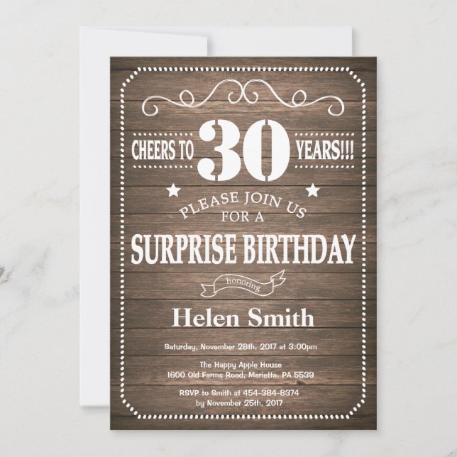 Rustic Surprise 30th Birthday Invitation (Front)