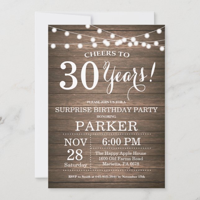 Rustic Surprise 30th Birthday Invitation Wood (Front)
