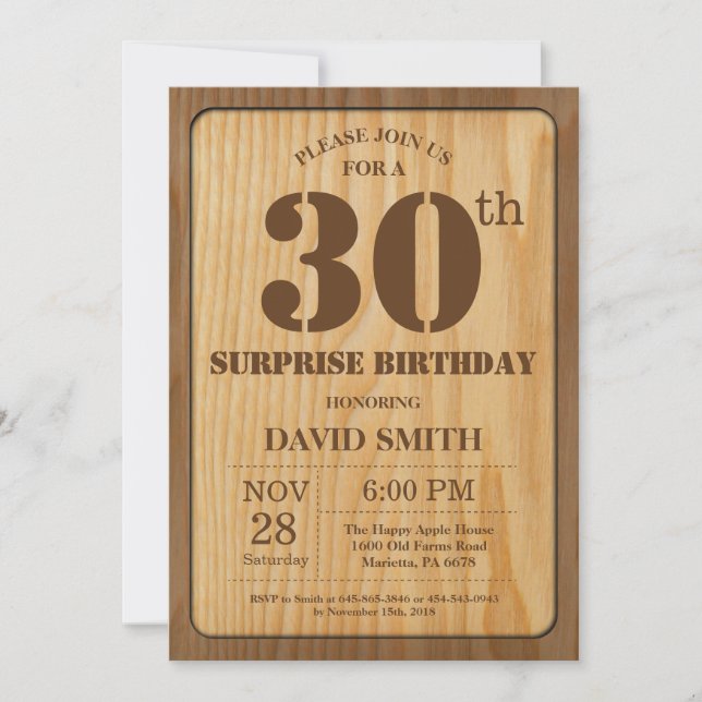 Rustic Surprise 30th Birthday Invitation Wood (Front)