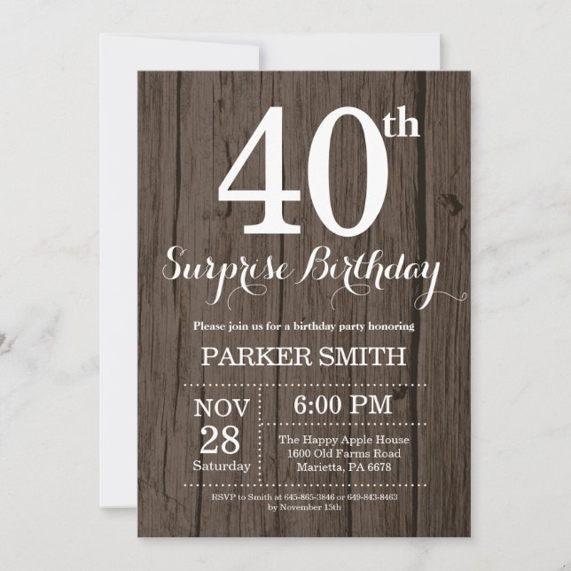 Rustic Surprise 40th Birthday Invitation (Front)