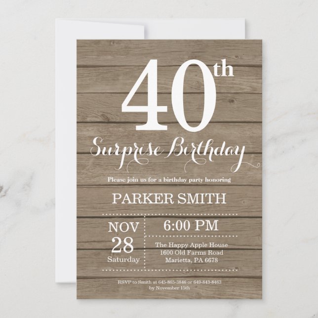 Rustic Surprise 40th Birthday Invitation (Front)