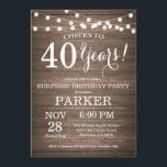 Rustic Surprise 40th Birthday Invitation Wood<br><div class="desc">Rustic Surprise 40th Birthday Invitation Wood Background with String Lights. 13th 15th 16th 18th 20th 21st 30th 40th 50th 60th 70th 80th 90th 100th, Any age. Adult Birthday. Woman or Man Male Birthday Party. For further customisation, please click the "Customise it" button and use our design tool to modify this...</div>