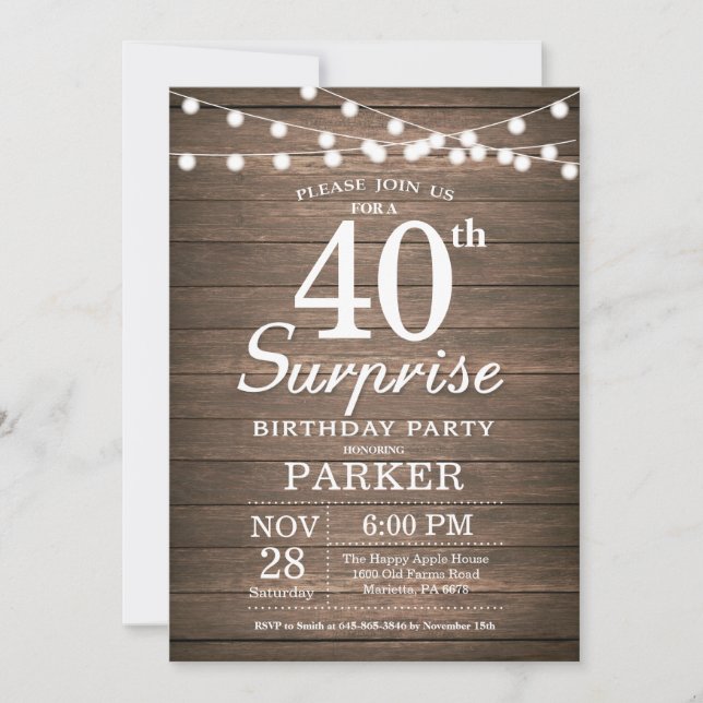 Rustic Surprise 40th Birthday Invitation Wood (Front)