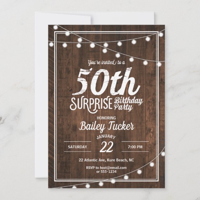 Rustic Surprise 50th Birthday Party Invitation (Front)