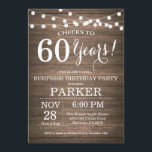 Rustic Surprise 60th Birthday Invitation Wood<br><div class="desc">Rustic Surprise 60th Birthday Invitation Wood Background with String Lights. 13th 15th 16th 18th 20th 21st 30th 40th 50th 60th 70th 80th 90th 100th, Any age. Adult Birthday. Woman or Man Male Birthday Party. For further customisation, please click the "Customise it" button and use our design tool to modify this...</div>