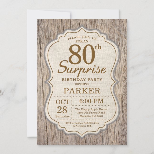 Rustic Surprise 80th Birthday Invitation Wood (Front)