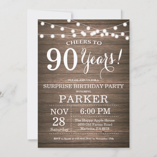 Rustic Surprise 90th Birthday Invitation Wood (Front)