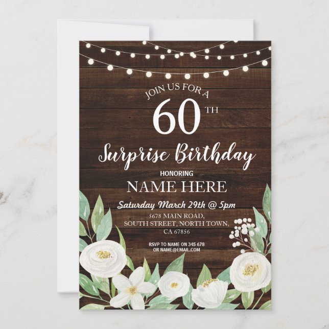 Rustic Surprise Birthday Party Any Age Wood Floral Invitation (Front)