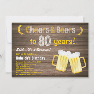 Rustic Surprise Cheers and Beers 80th Birthday Invitation