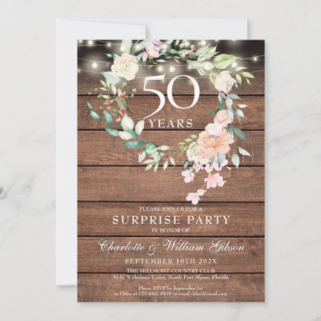 Rustic Surprise Party 50th Anniversary Floral Invitation (Front)
