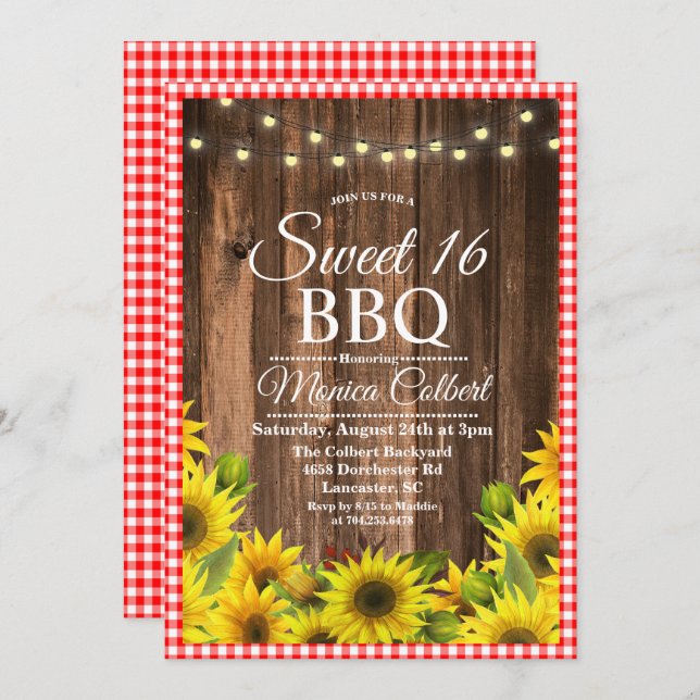 Rustic Sweet 16 BBQ Sunflower Invitation (Front/Back)