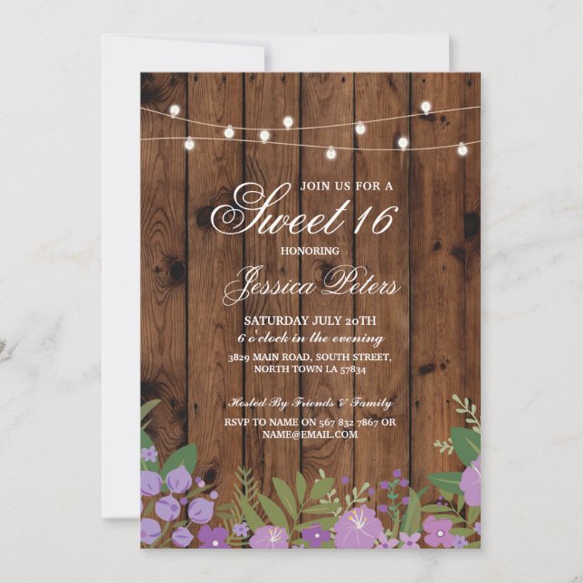 Rustic Sweet 16 Birthday Party Floral Wood Invite (Front)