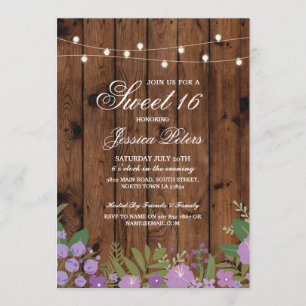 Rustic Sweet 16 Birthday Party Floral Wood Invite
