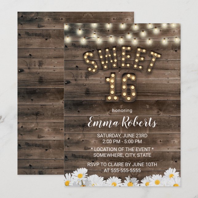 Rustic Sweet 16 Daisy Flowers Barn Wood Invitation (Front/Back)