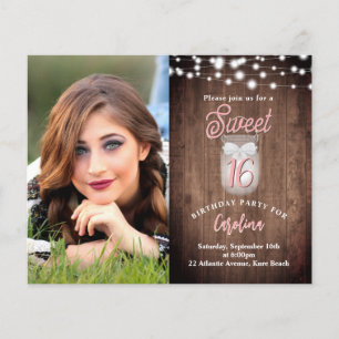 Rustic Sweet 16 Mason Jar Lights Birthday Invite