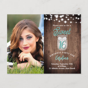 Rustic Sweet 16 Mason Jar Teal Birthday Invite
