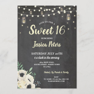 Rustic Sweet 16 Party Chalk Jars Cream Fireflies Invitation