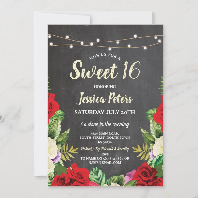 Rustic Sweet 16 Party Chalk Red Roses Flower Invitation (Front)