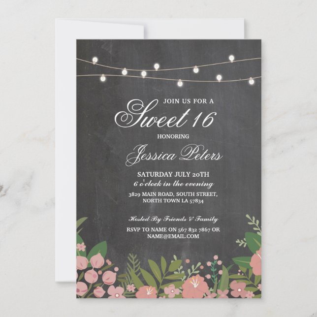 Rustic Sweet 16 Party Coral Floral Chalk Invite (Front)