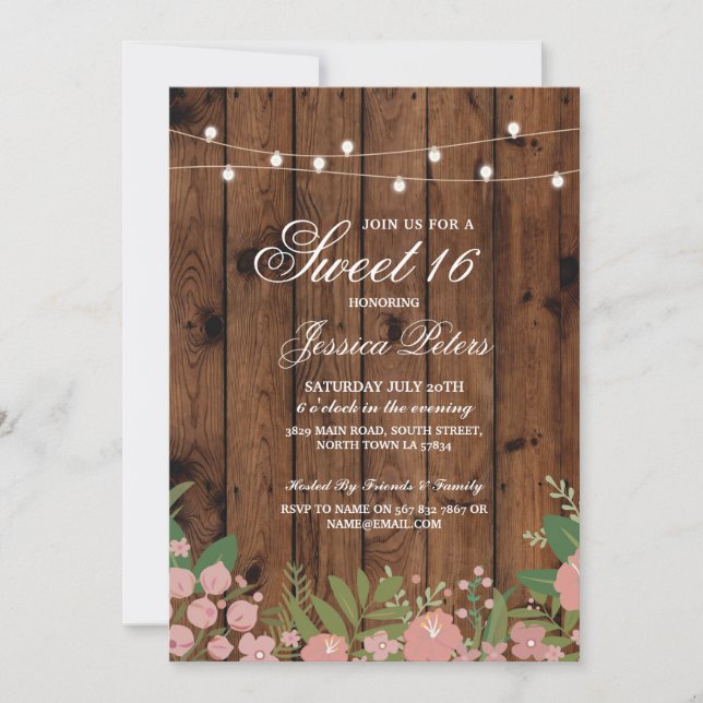 Rustic Sweet 16 Party Coral Floral Wood Invite (Front)