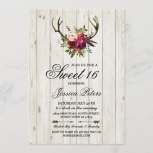 Rustic Sweet 16 Party Floral Antlers Stag Invite