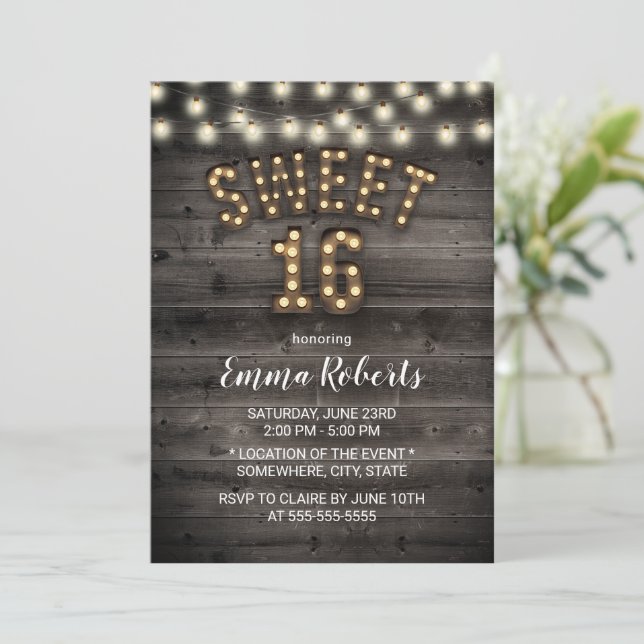 Rustic Sweet 16 String Lights Barn Wood Birthday Invitation (Standing Front)