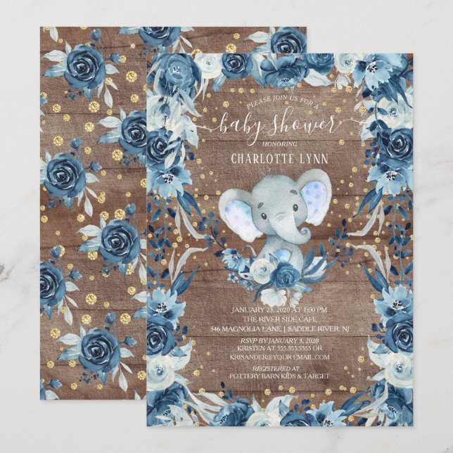 Rustic Sweet Baby Boy Elephant Baby Shower Invitation (Front/Back)